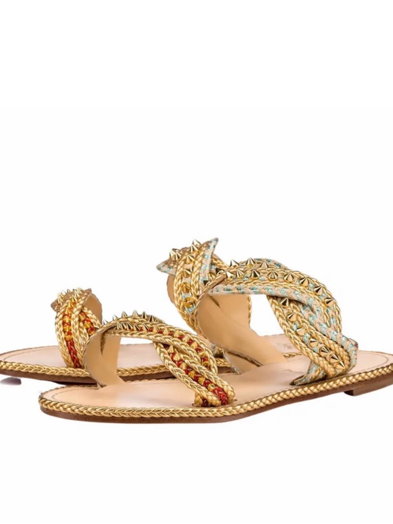 Christian Louboutin Normandie Flat Rope Gold Leather Spike Slide Sandal